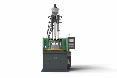Machine d'injection plastique verticale de type rotatif à deux stations.