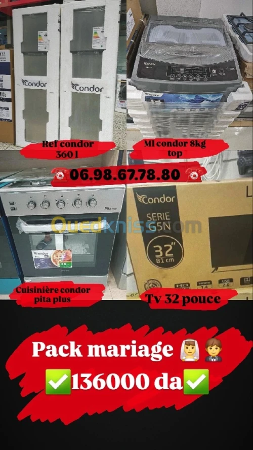Pack mariage (réfrigérateur/cuisinière/machine à laver/télévision)