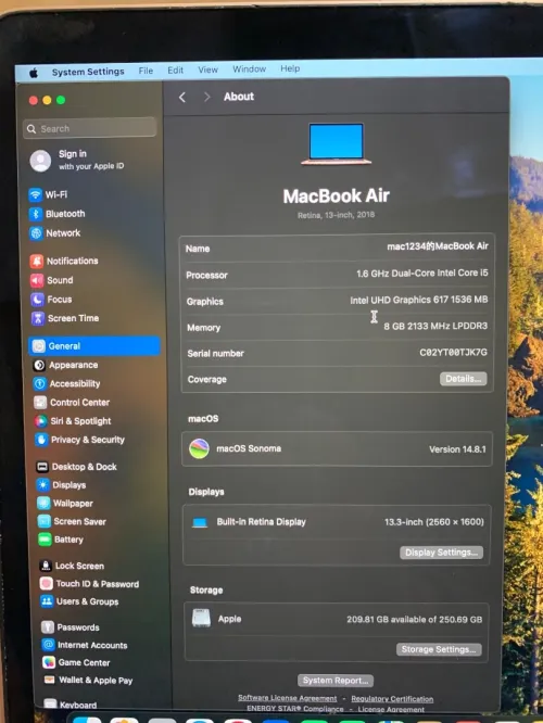 Model MacBook AIR ROSE GOLDE 13-Inch (2018) 8 Ram / Disk 250 GB