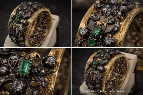 Bracelet ancien or diamants emeraudes