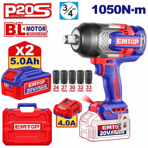Boulonneuse clé à chocs sans fil 20V Li-Ion 2 Batteries 5.0ah Brushless 3/4" DR 1050Nm