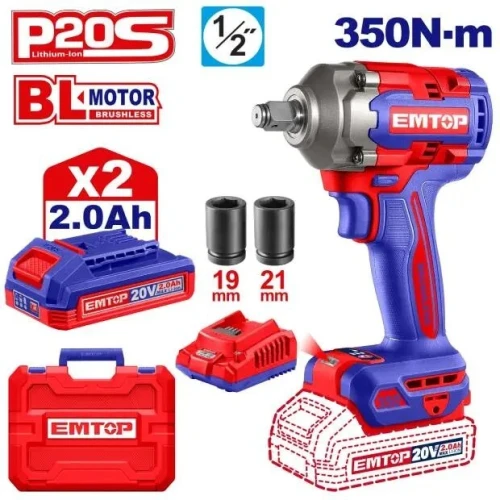 Boulonneuse clé à chocs sans fil 20V Li-Ion 2 Batteries 2.0ah Brushless (Avec valise) 1/2" DR 350Nm