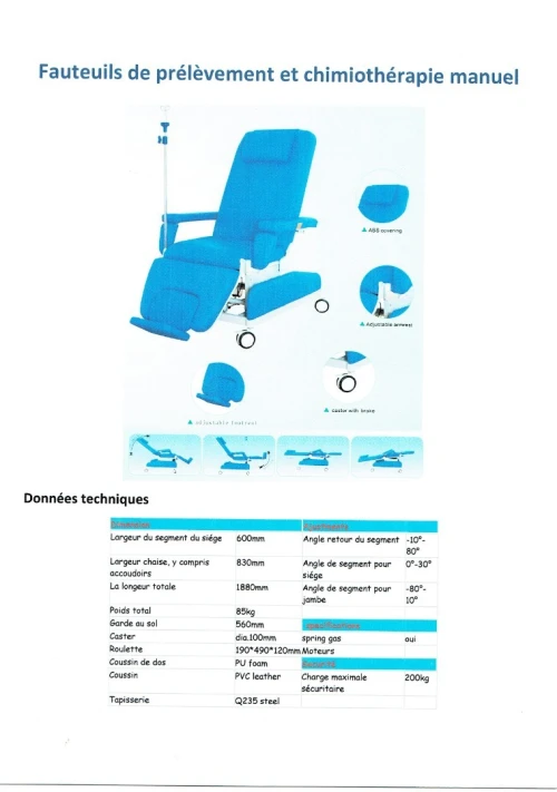 Fauteuil de prélèvement électrique et mécanique