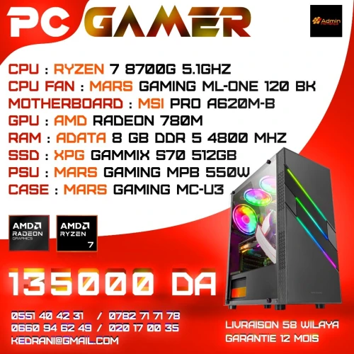PC GAMER - MSI PRO A620M-B - RYZEN 7 8700G - 8GO DDR5 - 512GO - ML-ONE 120 - MPB 550W - MC-U3 BLACK