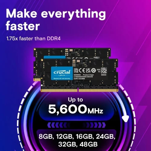 RAM CRUCIAL SODIMM DDR5 16 Go - 5600 MHz - CL46 - 1,1V - Laptop - PC Portable