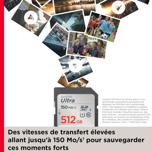 SANDISK ULTRA SD 512GB - CARTE MÉMOIRE SDXC - JUSQU'À 150 MO/S - FULL HD - UHSI-CARD