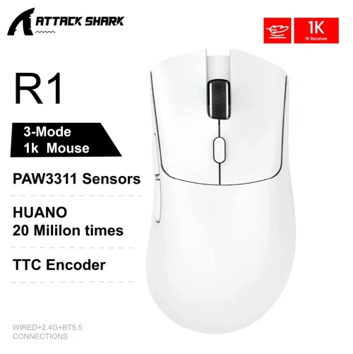 ATTACK SHARK R1 - SOURIS FILAIRE & SANS FIL - BLUETOOTH - 2.4G - 6 BOUTONS -18000 DPI - 1KHZ - WHITE