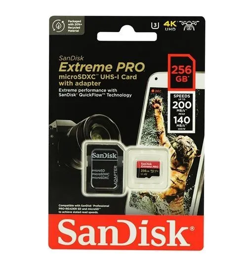 SANDISK EXTREME PRO 256GB - CARTE MÉMOIRE MSDXC UHS-I - JUSQU'À 200 MO/S - UHD 4K - AVEC ADAPTER