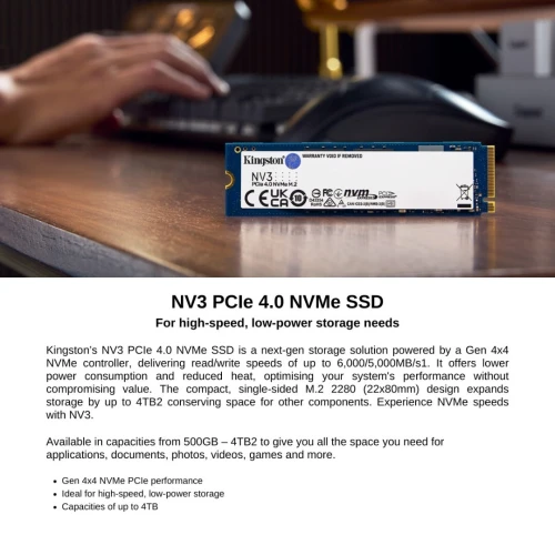 KINGSTON NV3 PCIE 4.0 NVME SSD M.2 - 1TB - PCIE 4.0 - GEN 4 - JUSQU'À 6000 MB/S - PC & LAPTOP - BLACK