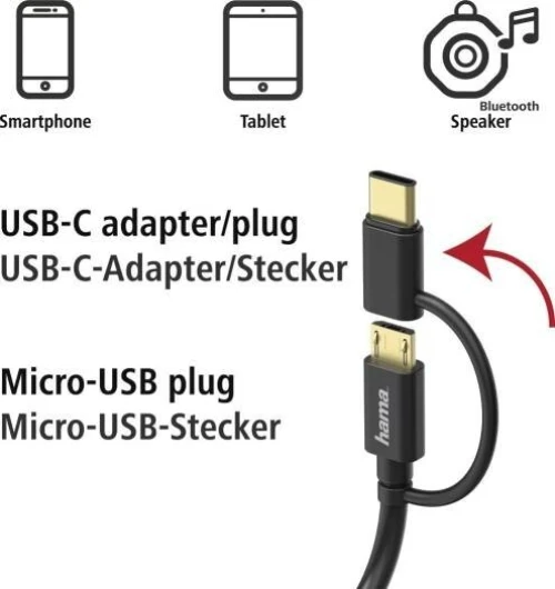 HAMA 178327 - CÂBLE 2-EN-1 MICRO USB + ADAPTATEUR USB TYPE-C - 1M - CHARGE & SYNCHRONISATION - NOIR