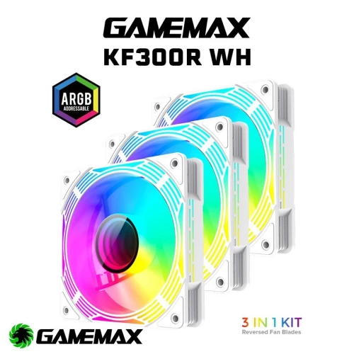 GAMEMAX KF300 - KIT 3 VENTILATEURS GAMING - 120mm ARGB PWM - REVERSE FAN - SILENCIEUX - WHITE