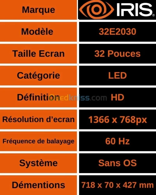 TV IRIS E2030 32" POUCES - LED HD BASIC - FLICKER FREE - DOLBY AUDIO- 16:9 60HZ - HDMI / USB -BLACK
