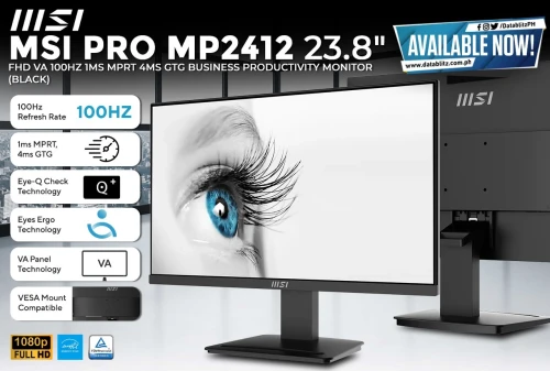 ÉCRAN MSI PRO MP2412 - BUSINESS & PRODUCTIVITÉ MONITOR - 24 INCH FULL HD - 100HZ - 1 Ms MPRT - NOIR