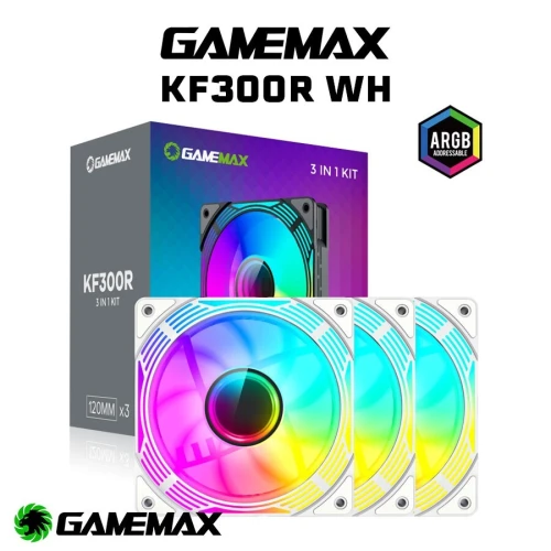 GAMEMAX KF300 - KIT 3 VENTILATEURS GAMING - 120mm ARGB PWM - REVERSE FAN - SILENCIEUX - WHITE