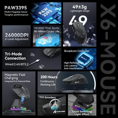 ATTACK SHARK X6 - SOURIS FILAIRE & SANS FIL - BLUETOOTH - USB 2.4G - 7 BOUTONS - 26000 DPI - BLACK
