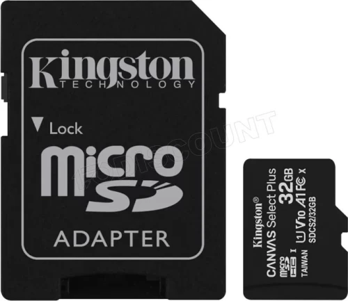 KINGSTON CANVAS SELECT PLUS SDCS3 32GB - MICRO SDXC 32GB - UHS-I CLASSE 10 - AVEC ADAPTATEUR SD - BLACK