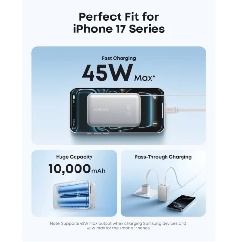 ANKER COMPACTE & DURABLE POWER BANK - 10000 MAH - 45 W - 2 x USB-C - LIGHTNING CABLES - BLACK