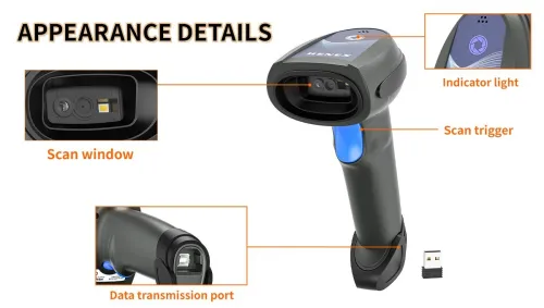 HENEX HC-5208SR LECTEUR CODE A BARRE - USB 2,4 G + BT + CÂBLE TYPE-B - SANS FIL - NOIR 
