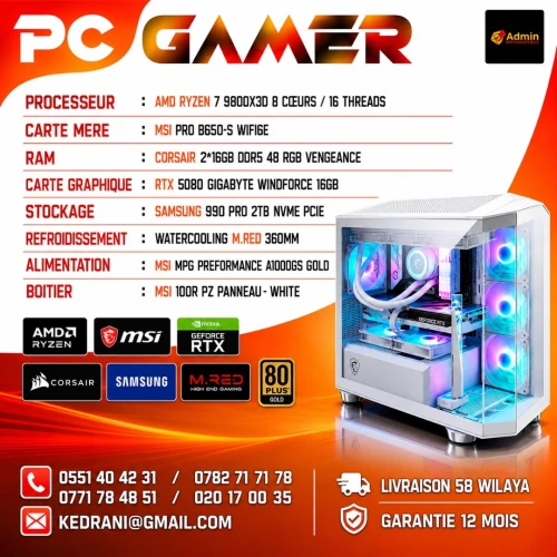 PC GAMER - MSI PRO B850-S WIFI 6E - RYZEN 7 9800X3D - 32GB RGB DDR5 - 2TB SSD 990 PRO - WATERCOOLING 360MM - RTX 5080 16GB - BLACK