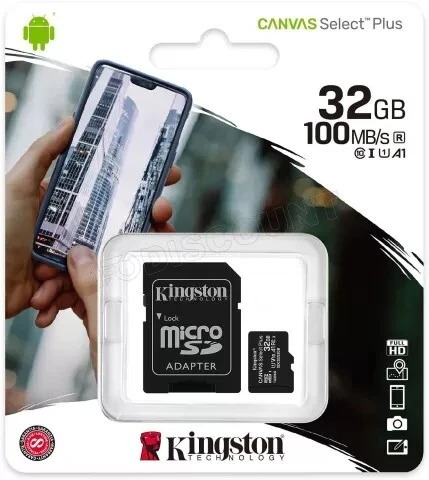 KINGSTON CANVAS SELECT PLUS SDCS3 32GB - MICRO SDXC 32GB - UHS-I CLASSE 10 - AVEC ADAPTATEUR SD - BLACK