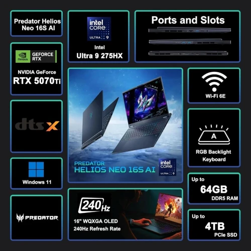 ACER Predator Helios Neo 16S Ultra 9 275HX 32Go DDR5 1To SSD RTX 5070Ti 12GB ECRAN 16 OLED (WQXGA)