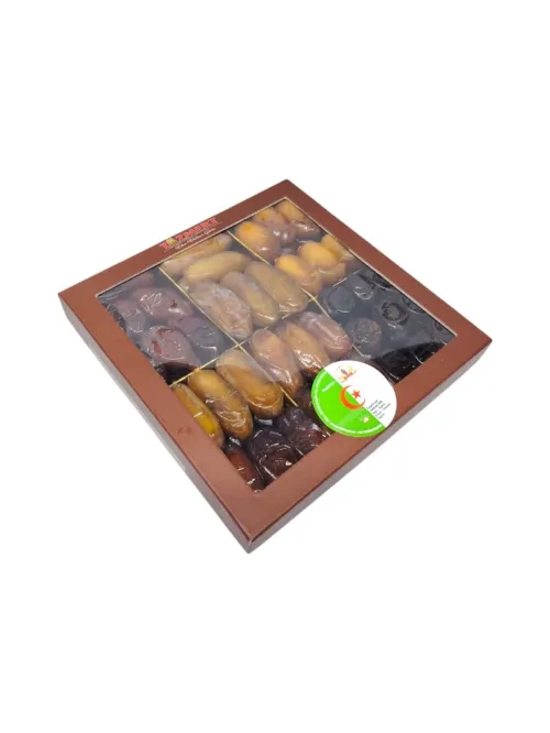 Boite carrée de datte mixte Dali/Jouhart/Zwin/Kermouss/Kaci 900 Gr