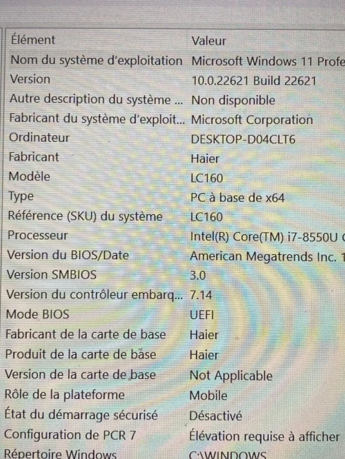 Pc i7 8ème generation