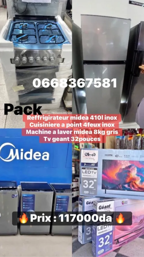 Pack electromenager midea geant réfrigérateur + cuisinier + machine a laver + tv