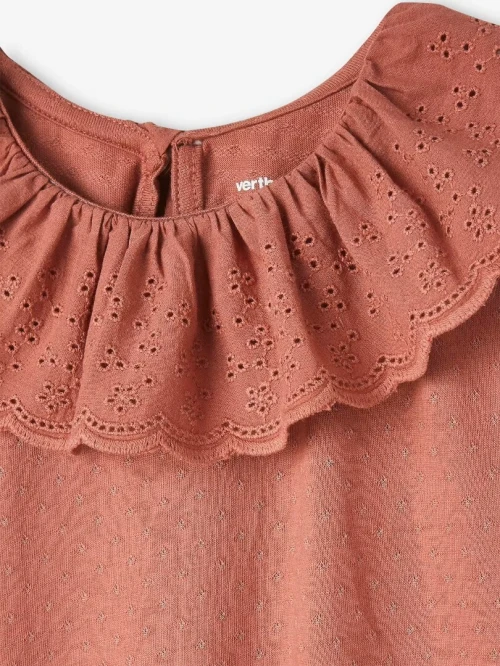 Vertbaudet Blouse T-Shirt Fille, A Collerette en Broderie Anglaise,Vieux Rose, Produit Original