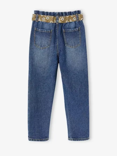 Vertbaudet Jean Fille Avec Ceinture, Style Paperbag, Bleu Brut, Produit Original