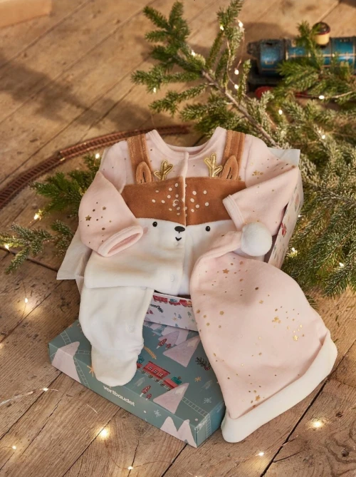 Vertbaudet Coffret Cadeau Bébé -Dors Bien- En Velours Et Son Bonnet Assorti - Nude - Produit Original