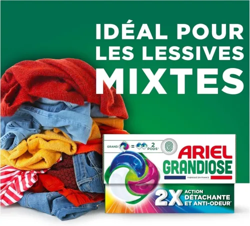 Pack 21 Capsules Ariel Lavages Machine, Grandiose Pods,  2 x Action Détachante et Anti-Odeur, Couleurs Éclatantes, Produit d'Origine