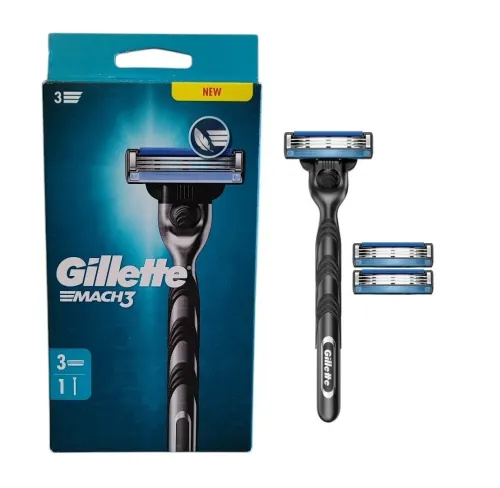 Rasoir Homme Gillette Mach3, Manche En Acier Inoxydable + 3 Recharges, Produit d'Origine