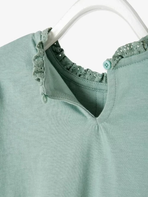 Vertbaudet Blouse T Shirt Fille, Détails en Macramé, Manches Longues, Vert Clair, Produit d'Origine
