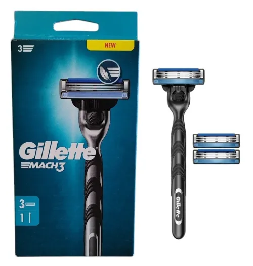 Rasoir Homme Gillette Mach3, Manche En Acier Inoxydable + 3 Recharges, Produit d'Origine
