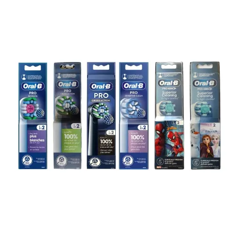 01 Pack Oral B Pro de 02 Brossettes Tête de rechange Au Choix, Cross Action, 3D White, Sensitive Clean, Frozen ou Spider man,  Produit d'Origine