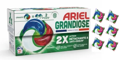 Pack 21 Capsules Ariel Lavages Machine, Grandiose Pods,  2 x Action Détachante et Anti-Odeur, Couleurs Éclatantes, Produit d'Origine