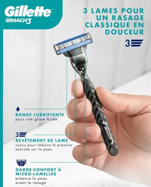Rasoir Homme Gillette Mach3, Manche En Acier Inoxydable + 3 Recharges, Produit d'Origine