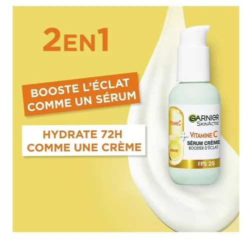 Sérum Garnier Crème Skin Active, Booster d'Éclat 2 En 1, Hydratation 72h, FPS 25,Vitamine C & Agrumes, Pour Peaux Ternes En Manque d'Éclat, 50 ml, Produit d'Origine