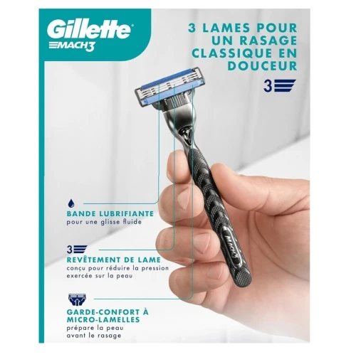 Rasoir Homme Gillette Mach3, Manche En Acier Inoxydable + 3 Recharges, Produit d'Origine