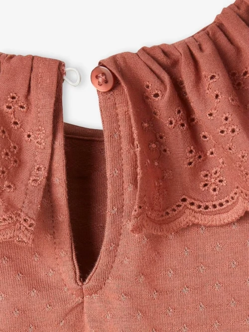 Vertbaudet Blouse T-Shirt Fille, A Collerette en Broderie Anglaise,Vieux Rose, Produit Original