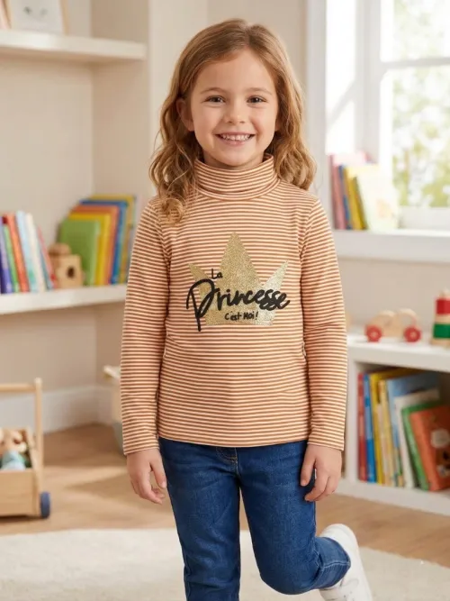 Vertbaudet, Haut Col Roulé Fille Motifs à Paillettes, Camel Rayé, Produit Original