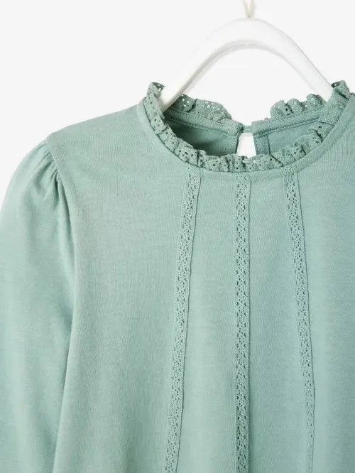Vertbaudet Blouse T Shirt Fille, Détails en Macramé, Manches Longues, Vert Clair, Produit d'Origine
