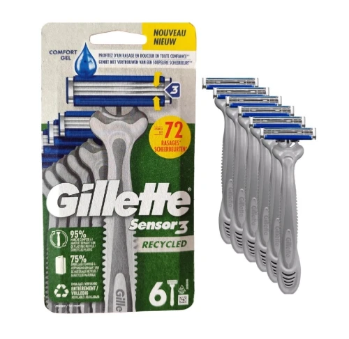 01 Pack de 06 Rasoirs Gillette Jetables Homme au Choix /  Sensor 3 Comfort Ou Sensor 3 Recycled, Avec Bande Lubrifiante, Produit d'Origine