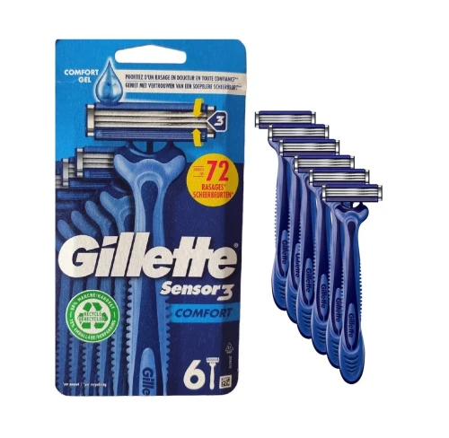 01 Pack de 06 Rasoirs Gillette Jetables Homme au Choix /  Sensor 3 Comfort Ou Sensor 3 Recycled, Avec Bande Lubrifiante, Produit d'Origine