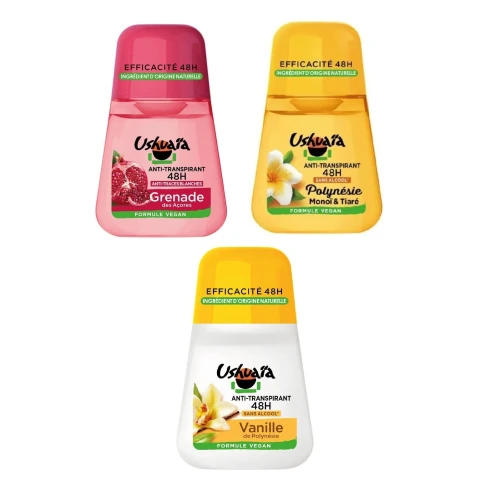 01 Déodorant A Bille Ushuaïa au Choix, Efficacité 48H,  Grenade des Açores / Polynésie Monoï & Tiaré / Vanille de Polynésie, 50 ml, Produit d'Origine