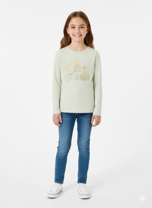 Vertbaudet Pack de 03 Tee-shirts Fille, Manches Longues, Magique, Vert, Abricot & Beige. Produit Original