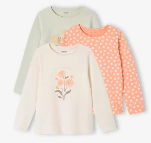 Vertbaudet Pack de 03 Tee-shirts Fille, Manches Longues, Magique, Vert, Abricot & Beige. Produit Original