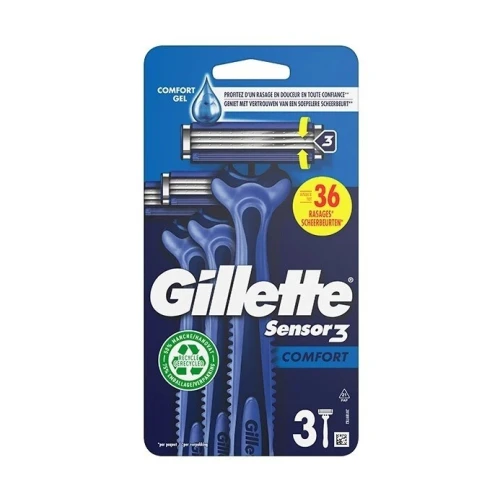 01 Pack de 03 Rasoirs Gillette Jetables Homme au Choix /  Sensor 3 Comfort Ou Sensor 3 Recycled, Avec Bande Lubrifiante, Produit d'Origine