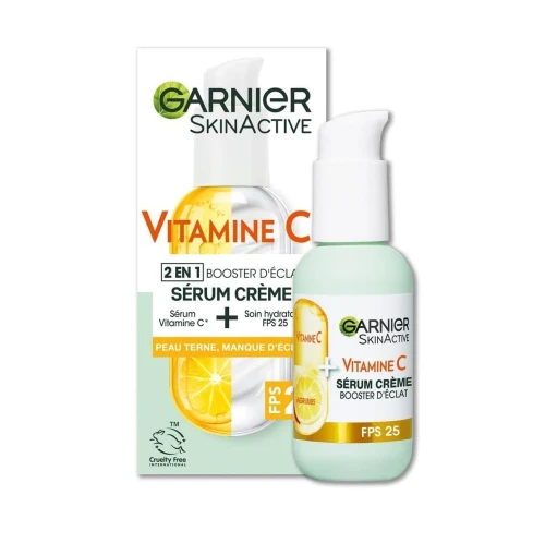 Sérum Garnier Crème Skin Active, Booster d'Éclat 2 En 1, Hydratation 72h, FPS 25,Vitamine C & Agrumes, Pour Peaux Ternes En Manque d'Éclat, 50 ml, Produit d'Origine